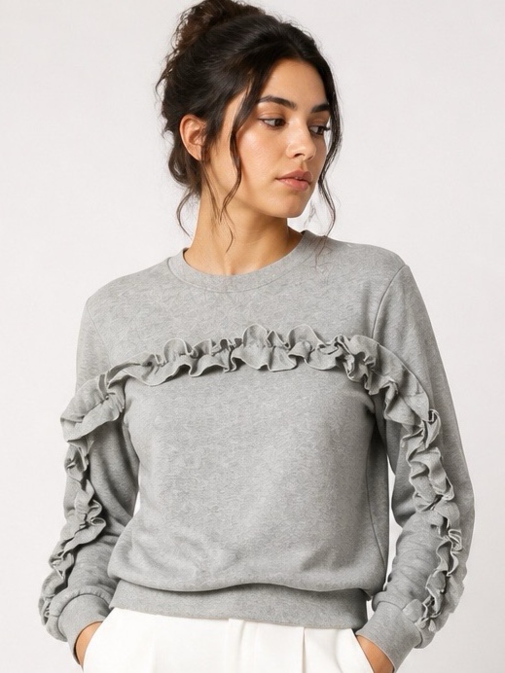 Endless Rose Ruffled Heathered Gray Pullover Sweater Size XS